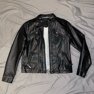 Faux leather moto riding jacket soft fur lining removable hood zip up pockets